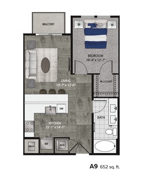 Floor plan for 1 bed, 1 bath, 652 sqft